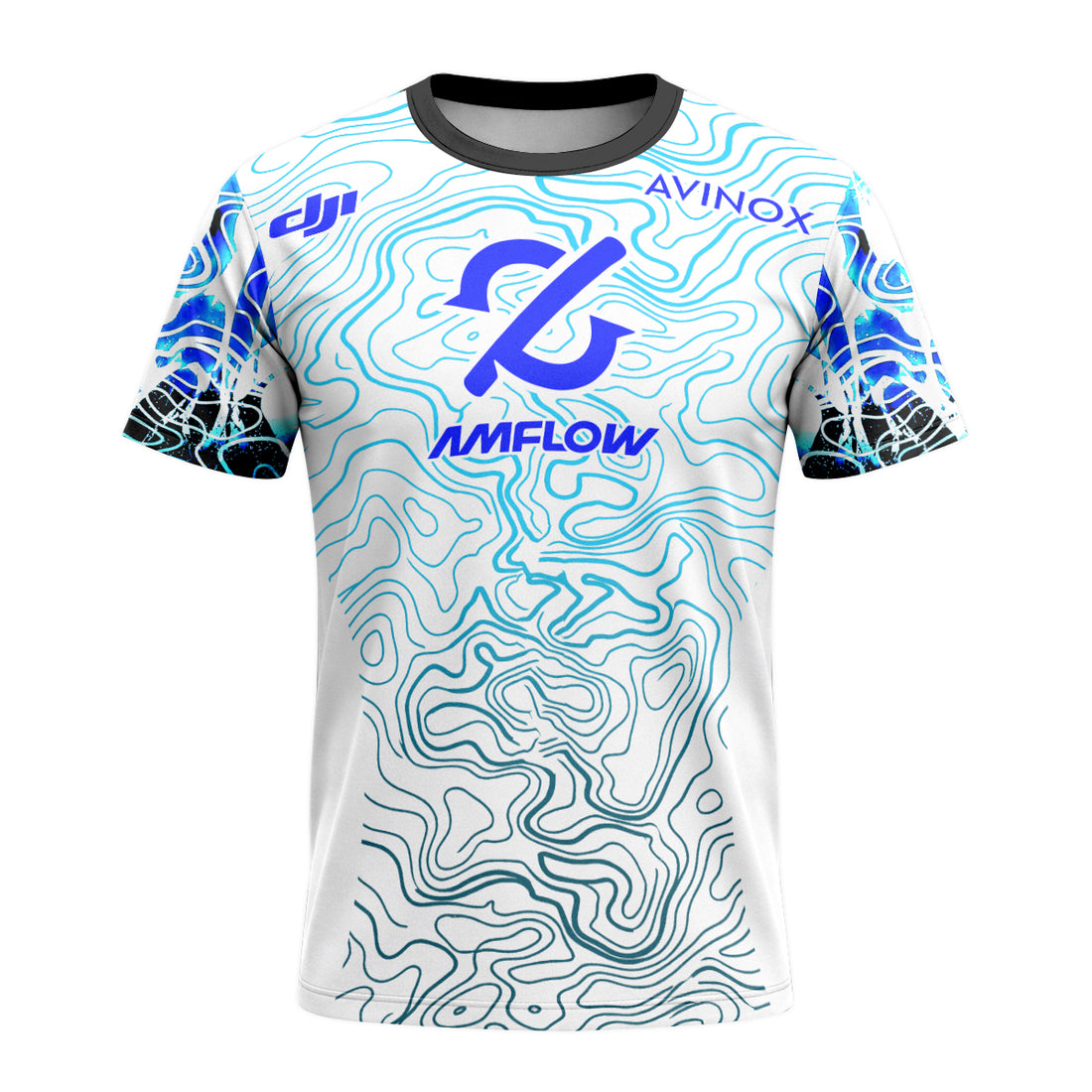 AMFLOW DJI Avinox White Blue Topographic Short Sleeve Mountain Bike Jersey