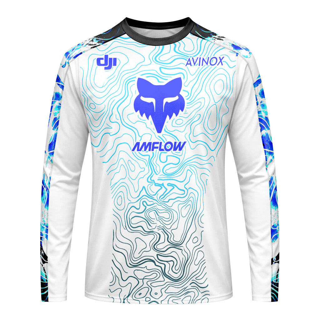 AMFLOW DJI Avinox White Blue Topographic Long Sleeve Mountain Bike Jersey - front view mockup