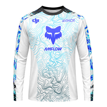 AMFLOW DJI Avinox White Blue Topographic Long Sleeve Mountain Bike Jersey - front view mockup