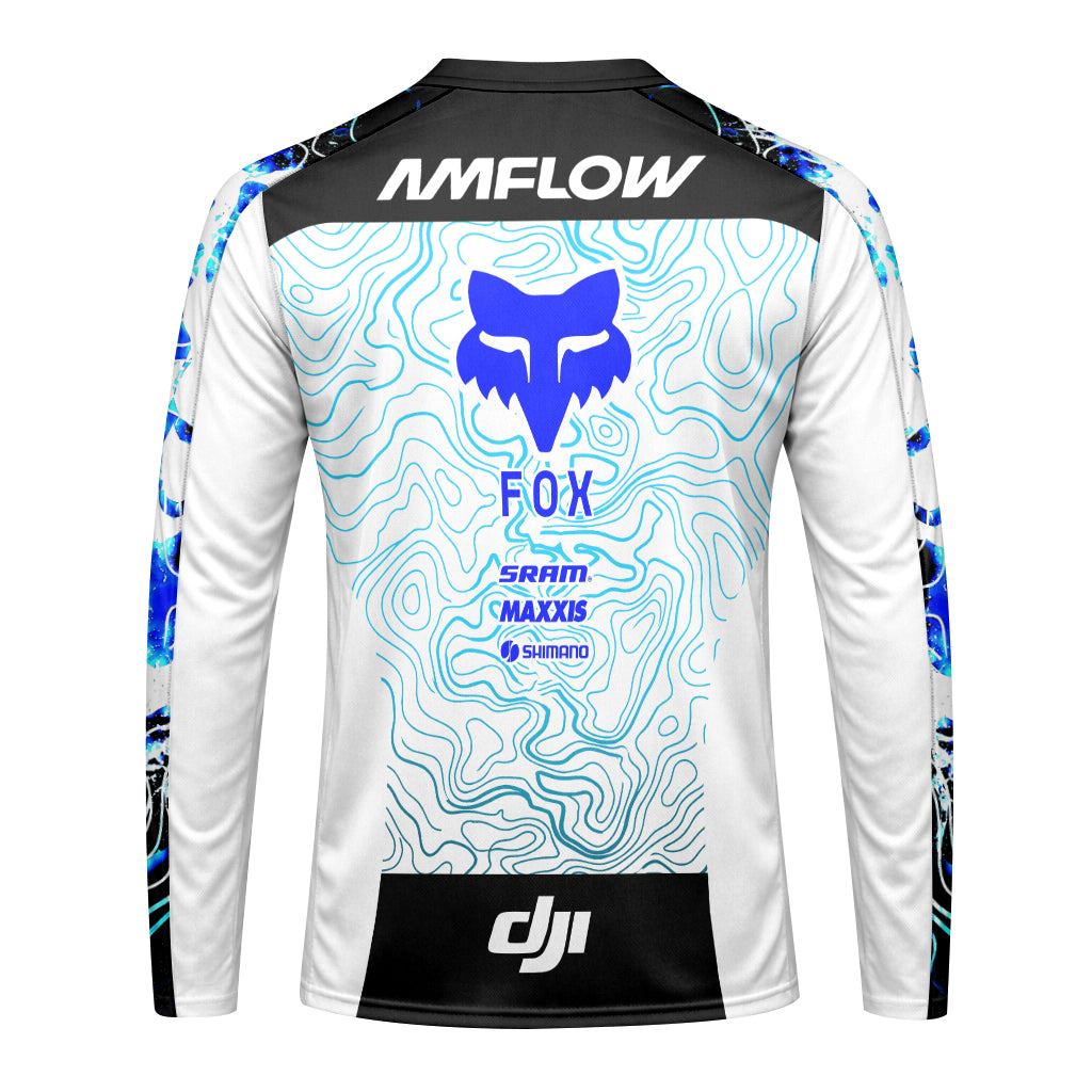 AMFLOW DJI Avinox White Blue Topographic Long Sleeve Mountain Bike Jersey - back view mockup