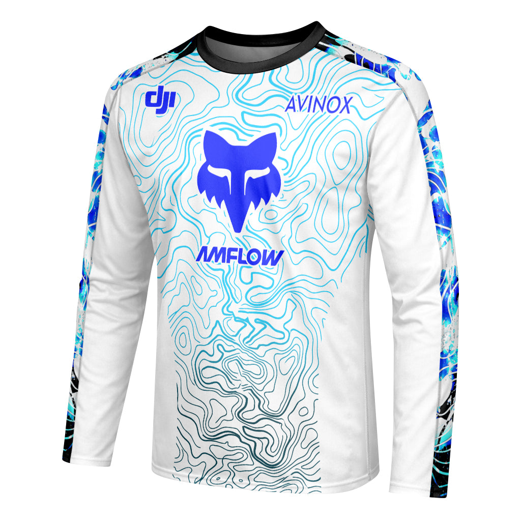 AMFLOW DJI Avinox White Blue Topographic Long Sleeve Mountain Bike Jersey - left side mockup