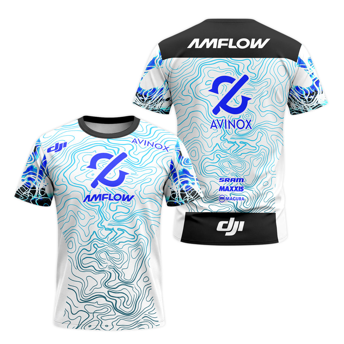 AMFLOW DJI Avinox White Blue Topographic Short Sleeve Mountain Bike Jersey