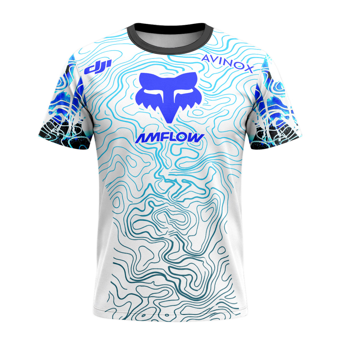 AMFLOW DJI Avinox White Blue Topographic Short Sleeve Mountain Bike Jersey - front and back view