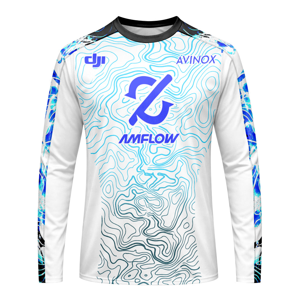 AMFLOW DJI Avinox White Blue Topographic Long Sleeve Mountain Bike Jersey