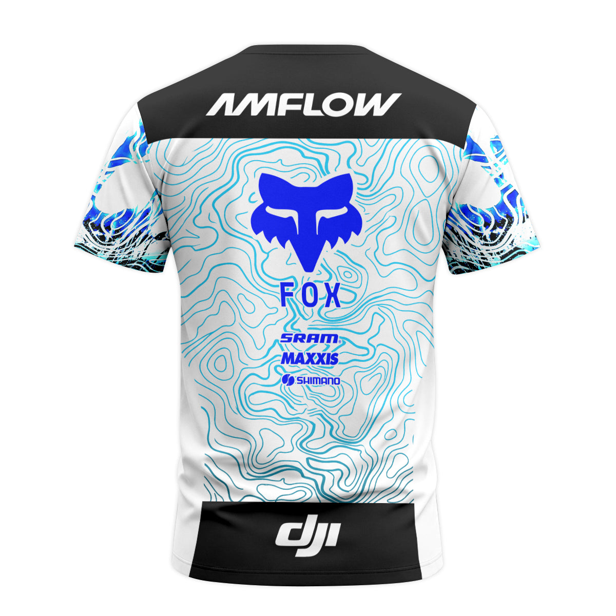 AMFLOW DJI Avinox White Blue Topographic Short Sleeve Mountain Bike Jersey - back view mockup