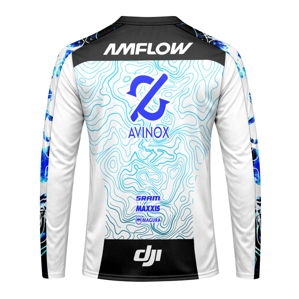 AMFLOW DJI Avinox White Blue Topographic Long Sleeve Mountain Bike Jersey