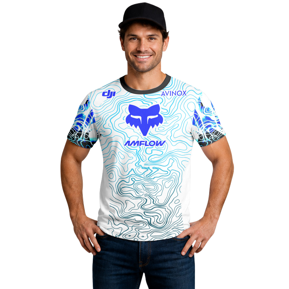 AMFLOW DJI Avinox White Blue Topographic Short Sleeve Mountain Bike Jersey - lifestyle view