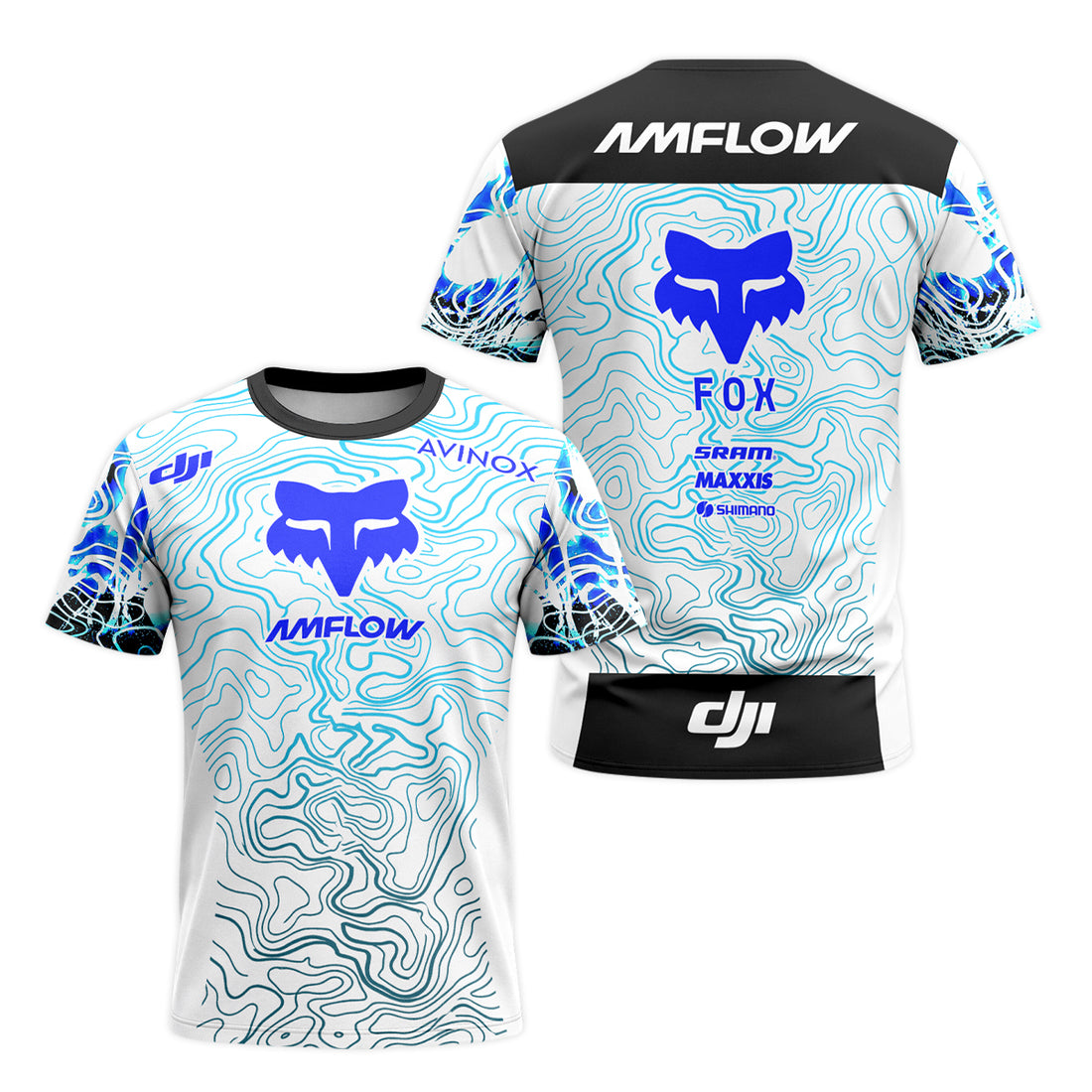 AMFLOW DJI Avinox White Blue Topographic Short Sleeve Mountain Bike Jersey - front and back view