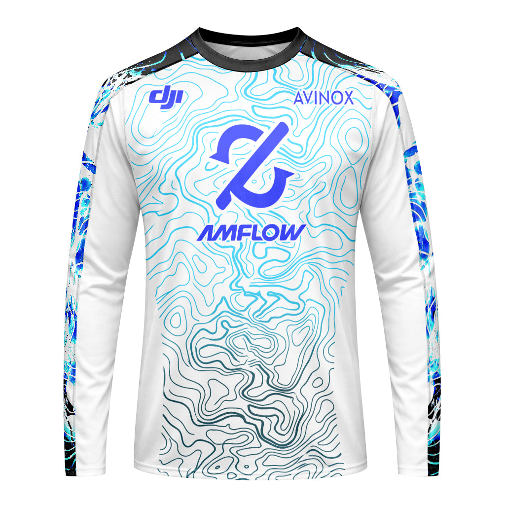 AMFLOW DJI Avinox White Blue Topographic Youth Long Sleeve Mountain Bike Jersey – Front View Mockup