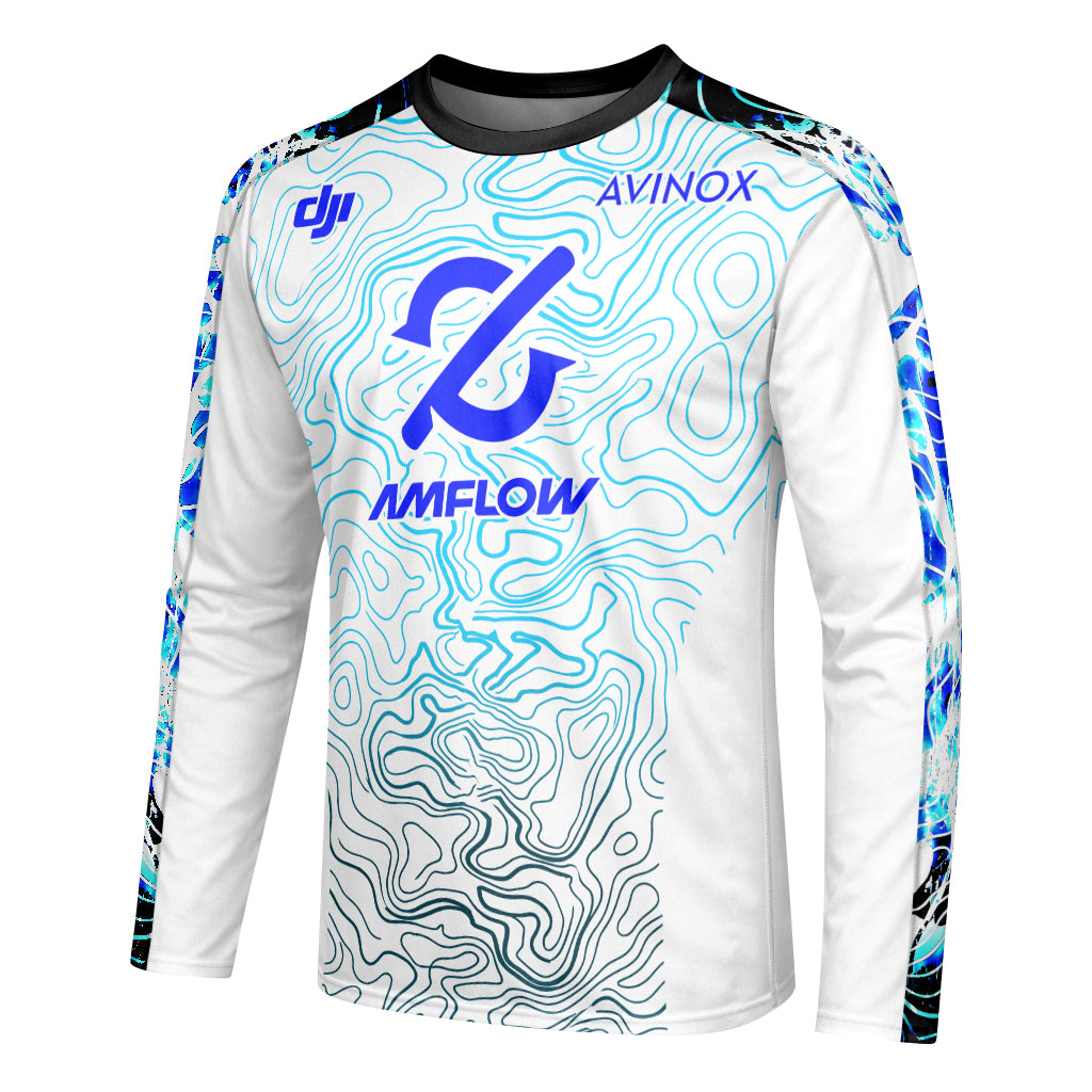 AMFLOW DJI Avinox White Blue Topographic Youth Long Sleeve Mountain Bike Jersey – Left Side View Mockup