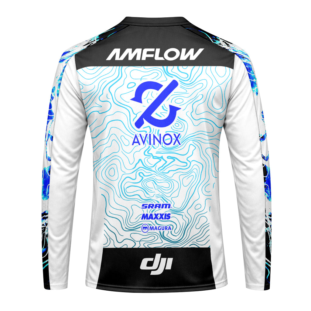 AMFLOW DJI Avinox White Blue Topographic Youth Long Sleeve Mountain Bike Jersey – Back View Mockup