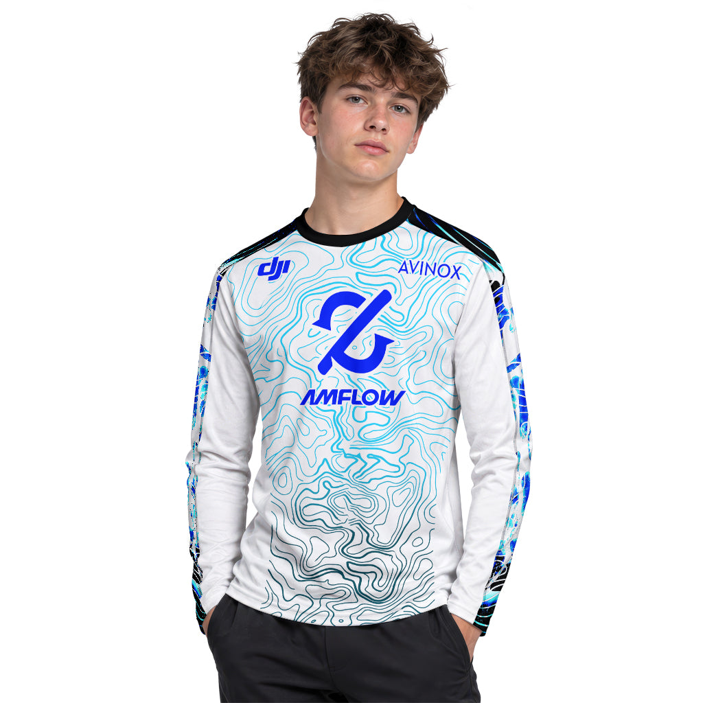 AMFLOW DJI Avinox White Blue Topographic Youth Long Sleeve Mountain Bike Jersey – Boy Lifestyle View