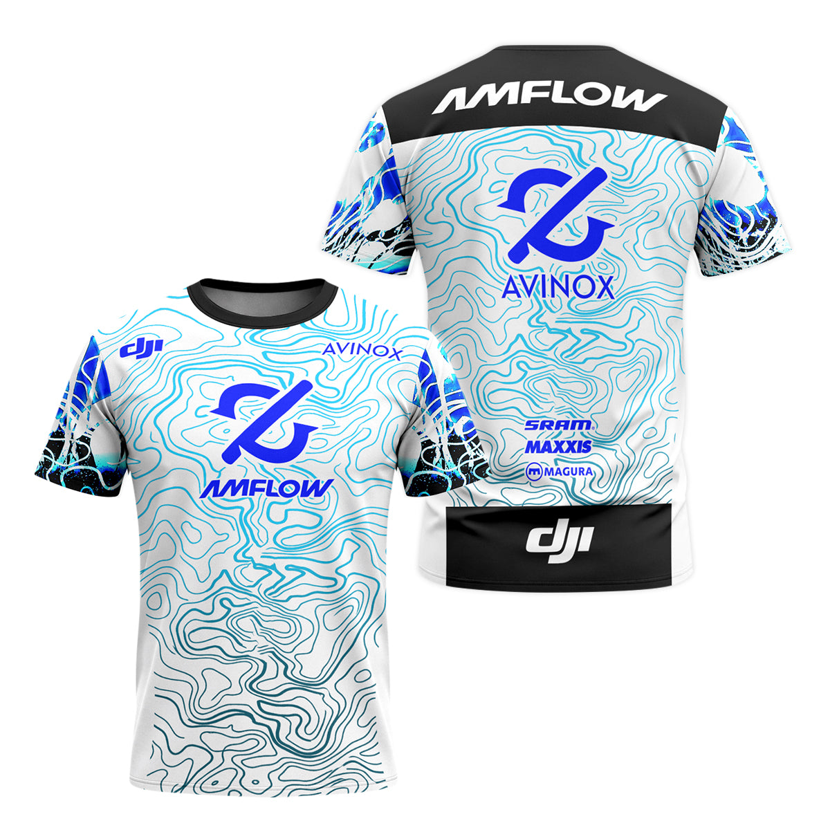 AMFLOW DJI Avinox White Blue Topographic Youth Short Sleeve Mountain Bike Jersey – Front and Back View