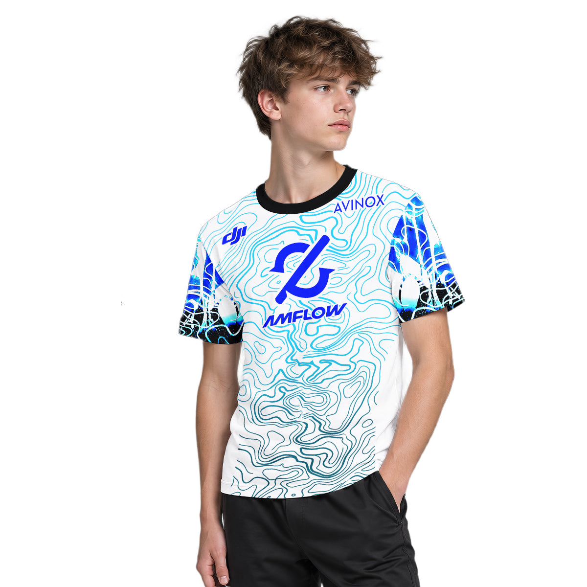 AMFLOW DJI Avinox White Blue Topographic Youth Short Sleeve Mountain Bike Jersey – Boy Lifestyle View