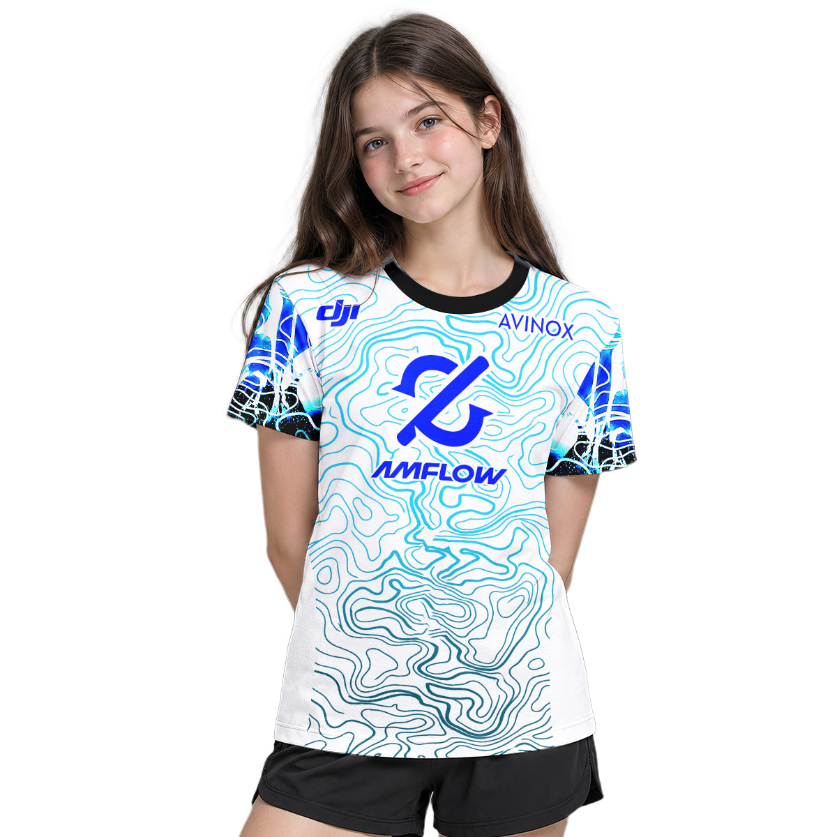 AMFLOW DJI Avinox White Blue Topographic Youth Short Sleeve Mountain Bike Jersey – Girl Lifestyle View