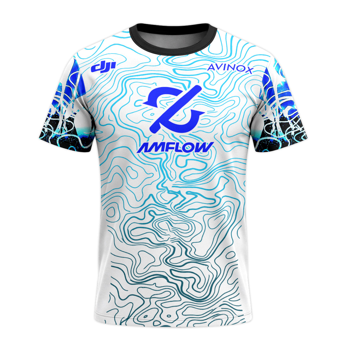 AMFLOW DJI Avinox White Blue Topographic Youth Short Sleeve Mountain Bike Jersey – Front View Mockup