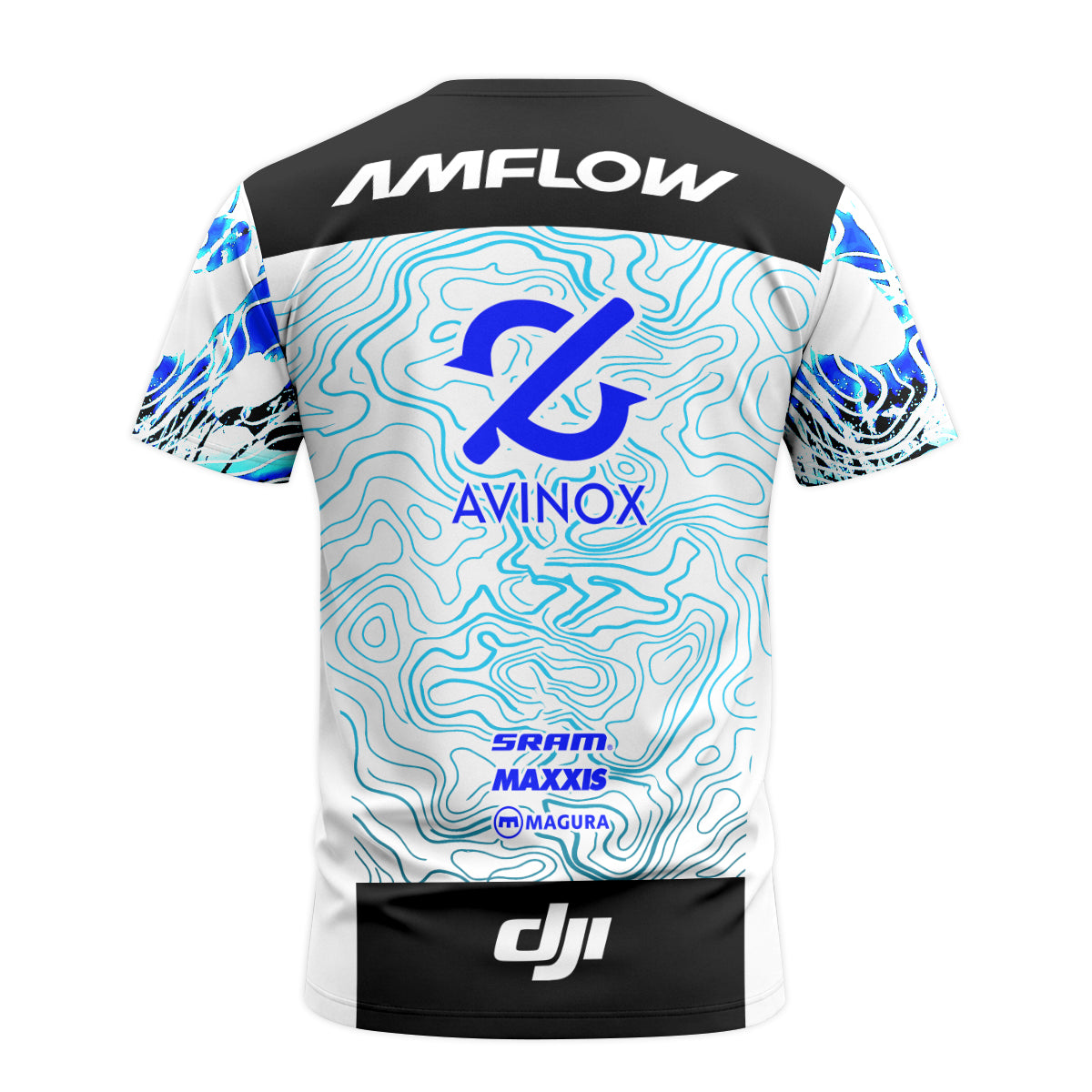 AMFLOW DJI Avinox White Blue Topographic Youth Short Sleeve Mountain Bike Jersey – Back View Mockup