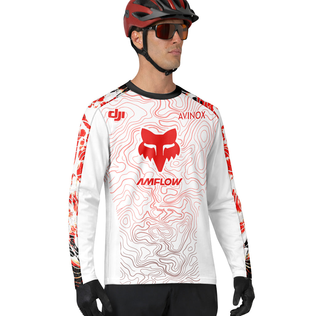 AMFLOW DJI Avinox White Red Topographic Long Sleeve Mountain Bike Jersey - lifestyle view