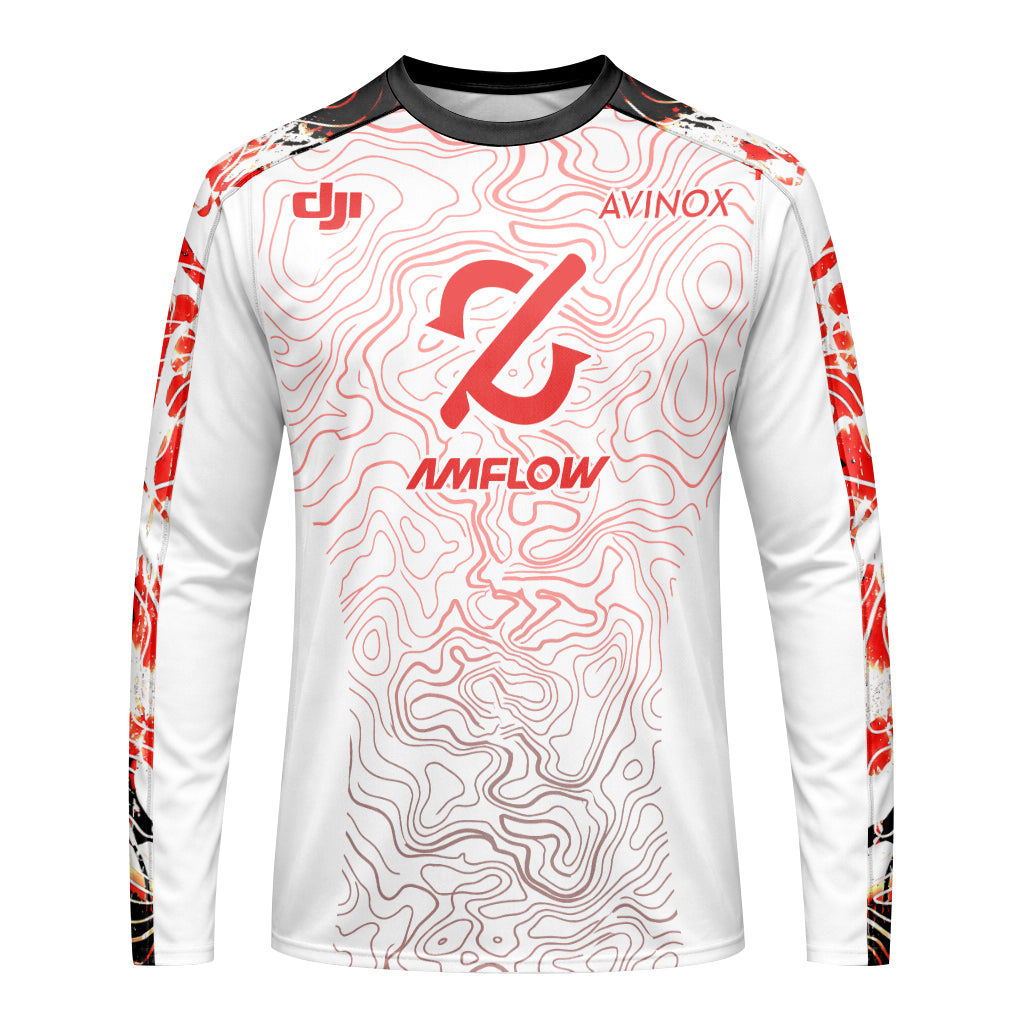 AMFLOW DJI Avinox White Red Topographic Long Sleeve Mountain Bike Jersey