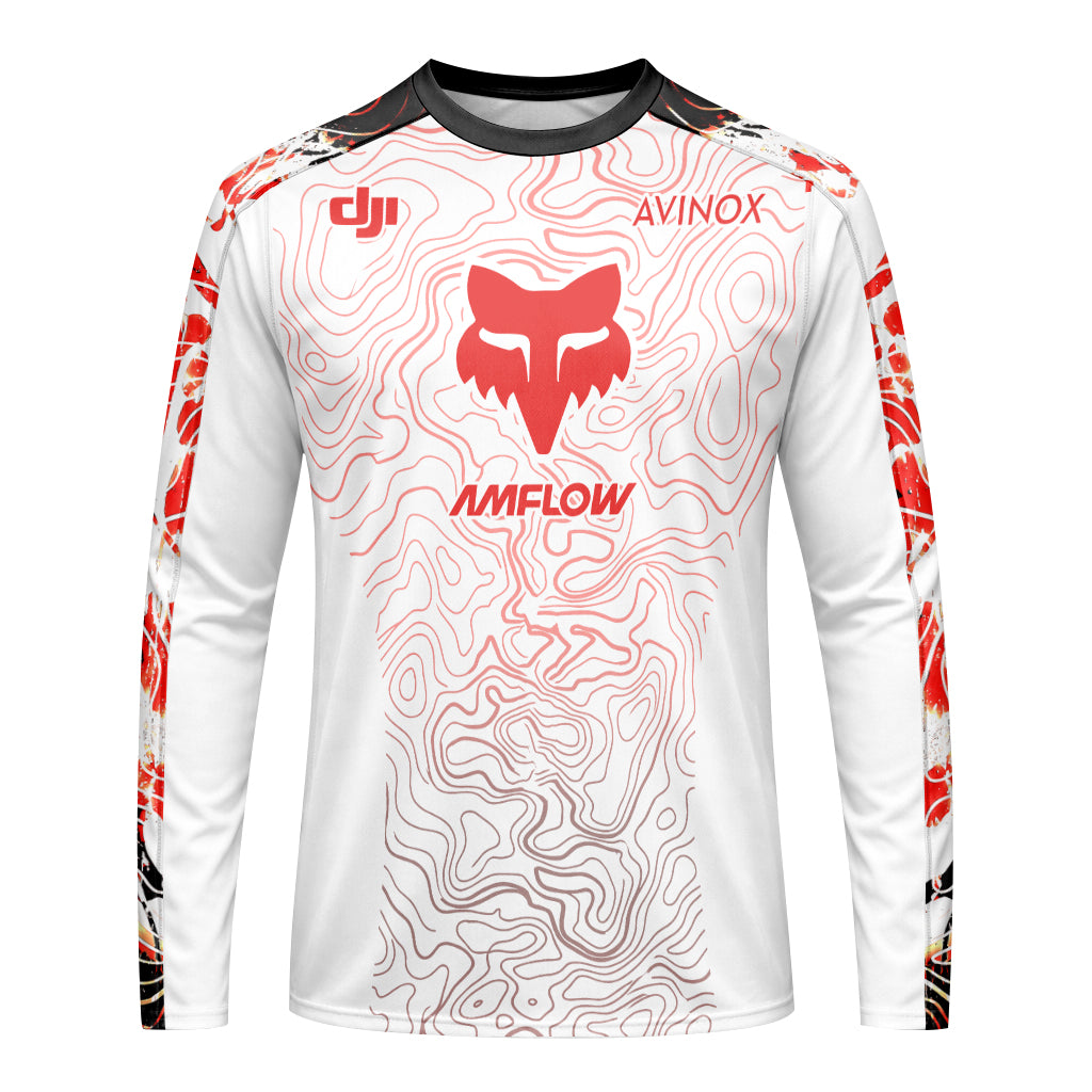 AMFLOW DJI Avinox White Red Topographic Long Sleeve Mountain Bike Jersey - front view mockup