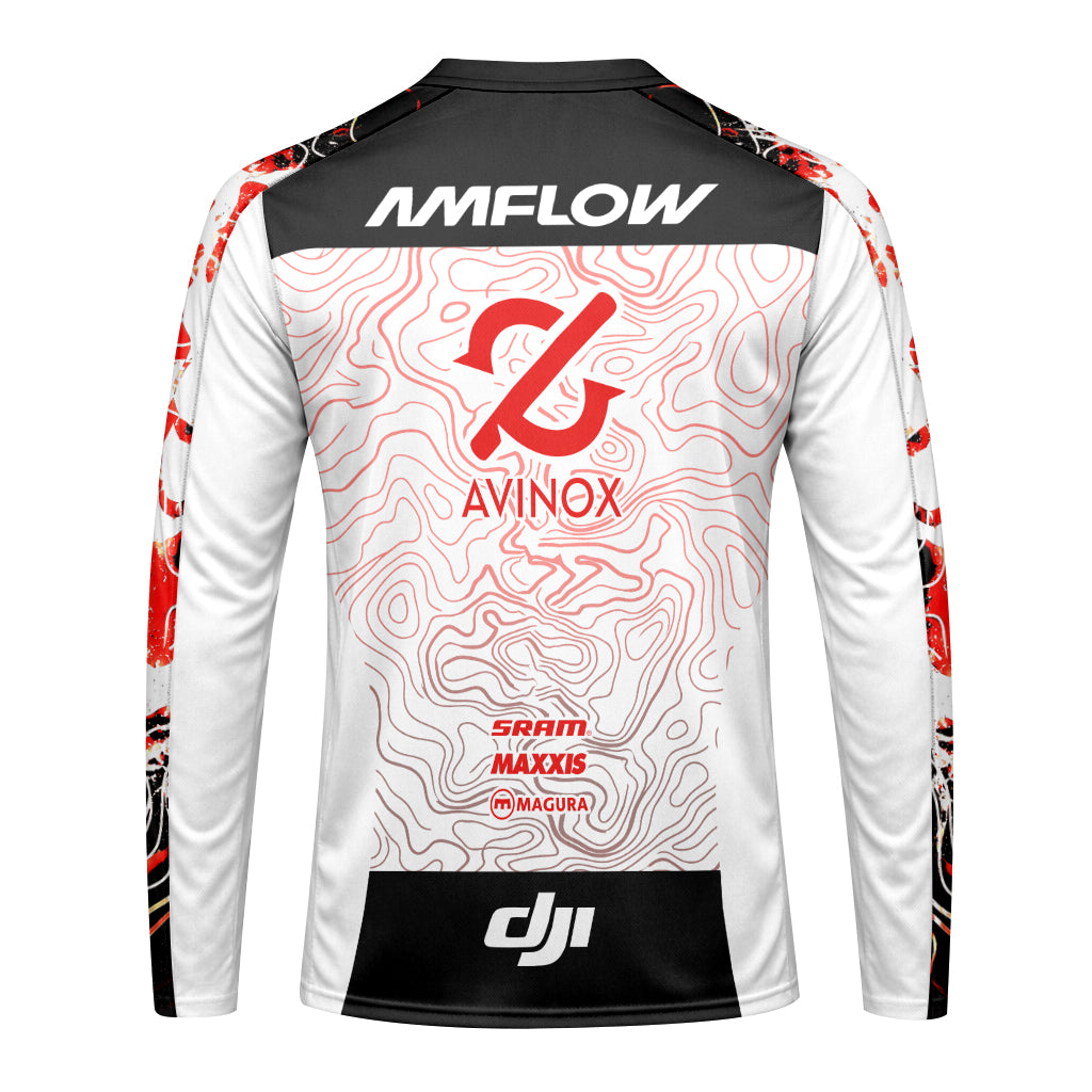 AMFLOW DJI Avinox White Red Topographic Long Sleeve Mountain Bike Jersey
