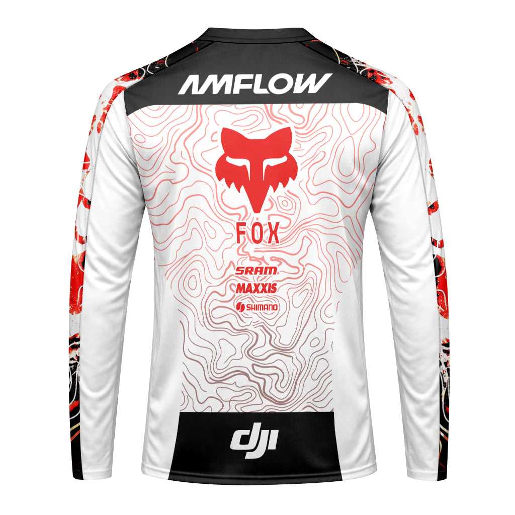 AMFLOW DJI Avinox White Red Topographic Long Sleeve Mountain Bike Jersey - front view mockup