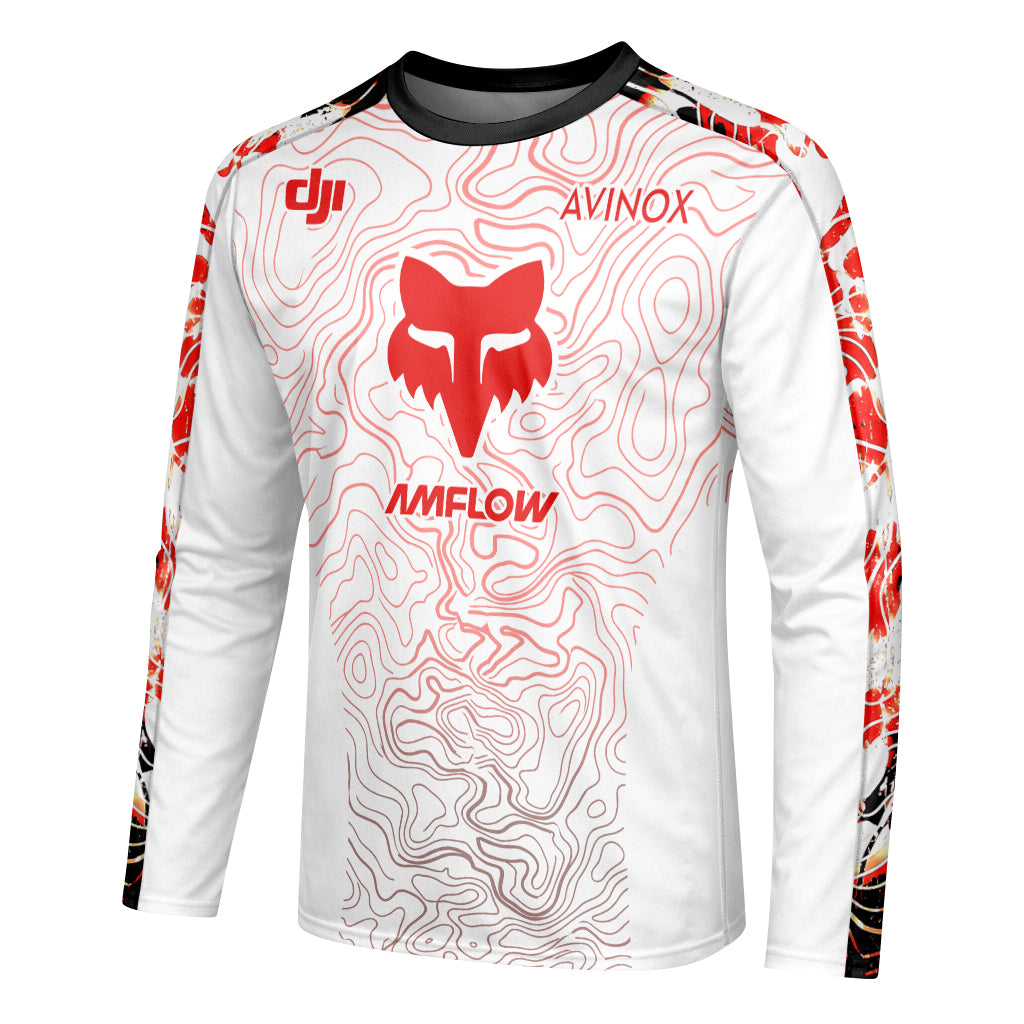AMFLOW DJI Avinox White Red Topographic Long Sleeve Mountain Bike Jersey - left side mockup