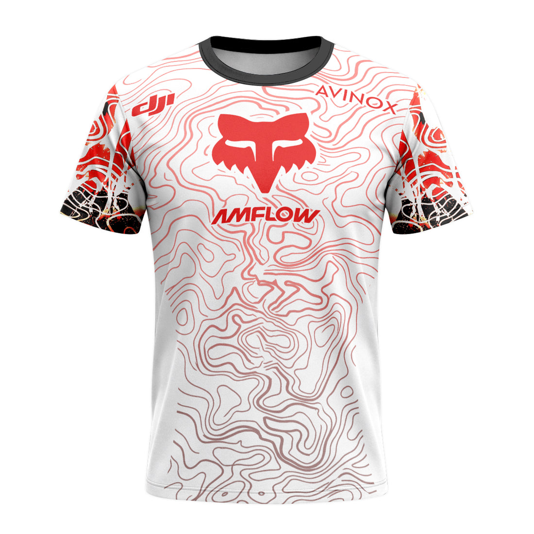 AMFLOW DJI Avinox White Red Topographic Short Sleeve Mountain Bike Jersey - front and back view