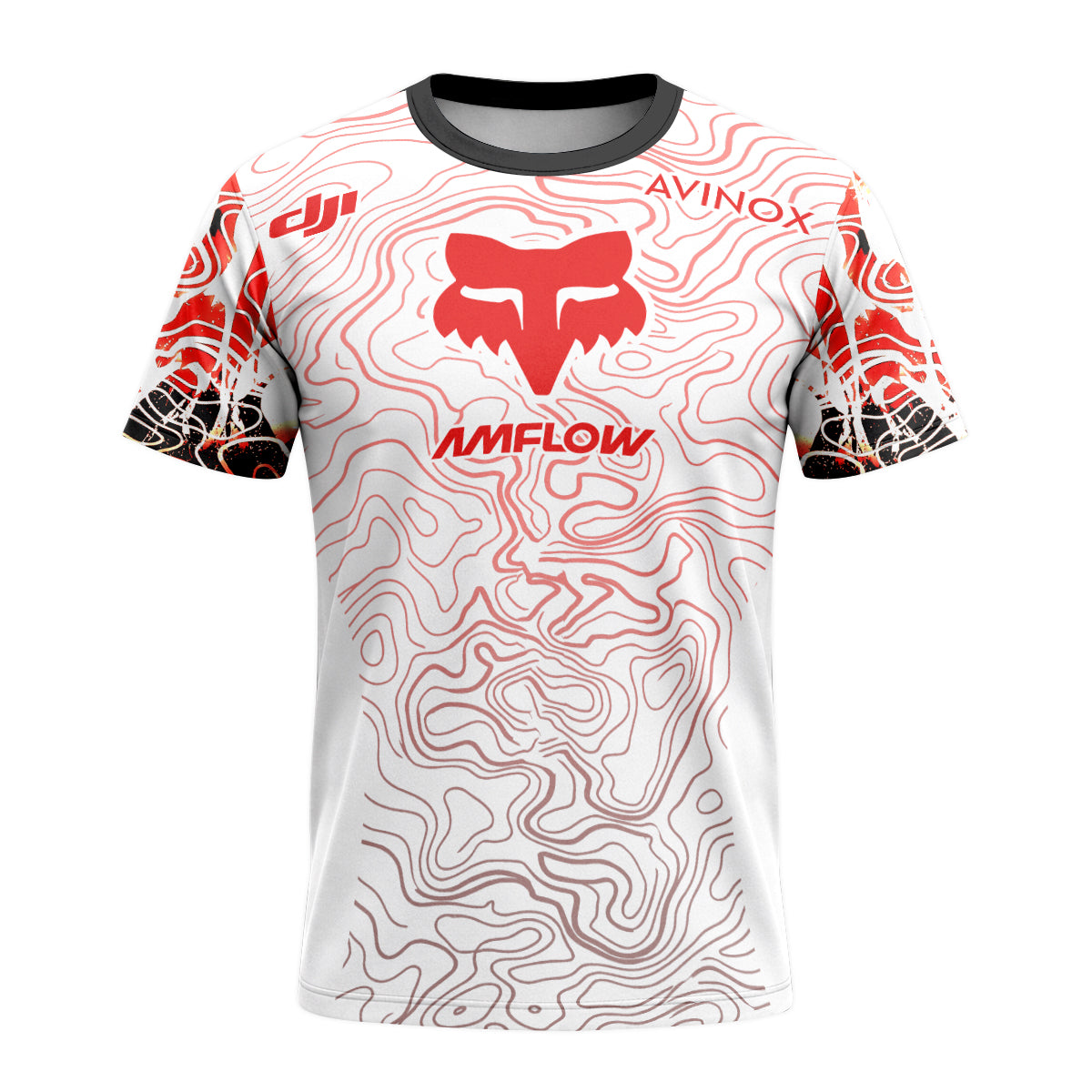 AMFLOW DJI Avinox White Red Topographic Short Sleeve Mountain Bike Jersey - front view mockup