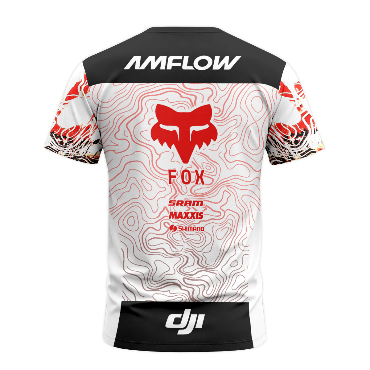 AMFLOW DJI Avinox White Red Topographic Short Sleeve Mountain Bike Jersey - back view mockup