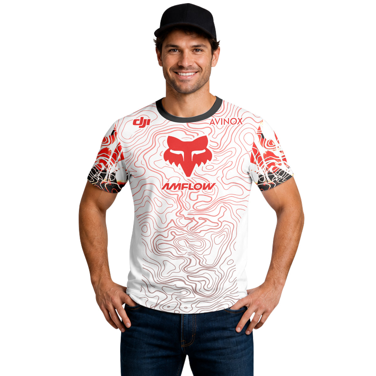 AMFLOW DJI Avinox White Red Topographic Short Sleeve Mountain Bike Jersey - lifestyle view