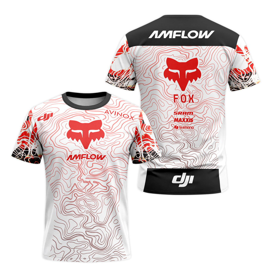 AMFLOW DJI Avinox White Red Topographic Short Sleeve Mountain Bike Jersey - front and back view