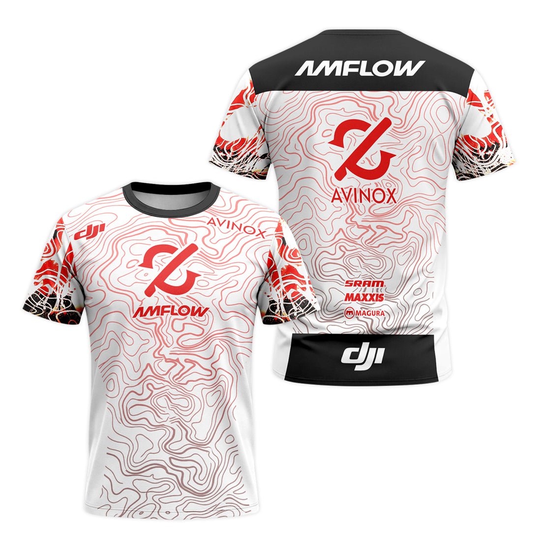 AMFLOW DJI Avinox White Red Topographic Short Sleeve Mountain Bike Jersey