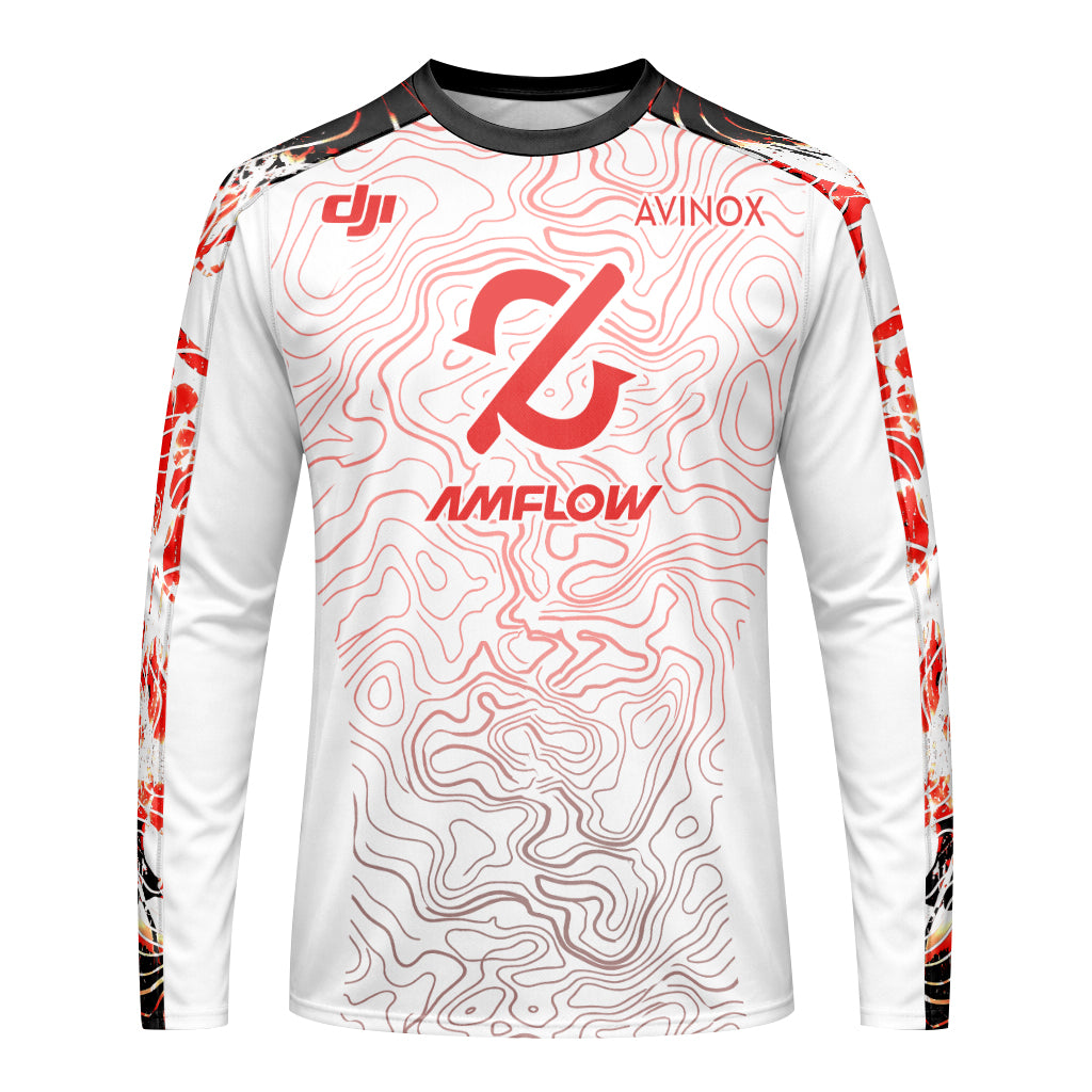 AMFLOW DJI Avinox White Red Topographic Youth Long Sleeve Mountain Bike Jersey – Front View Mockup