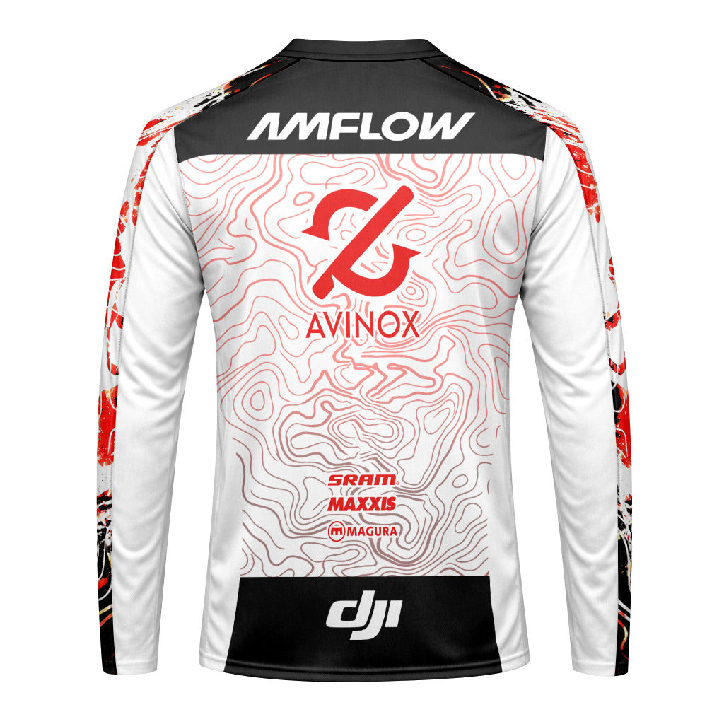 AMFLOW DJI Avinox White Red Topographic Youth Long Sleeve Mountain Bike Jersey – Back View Mockup