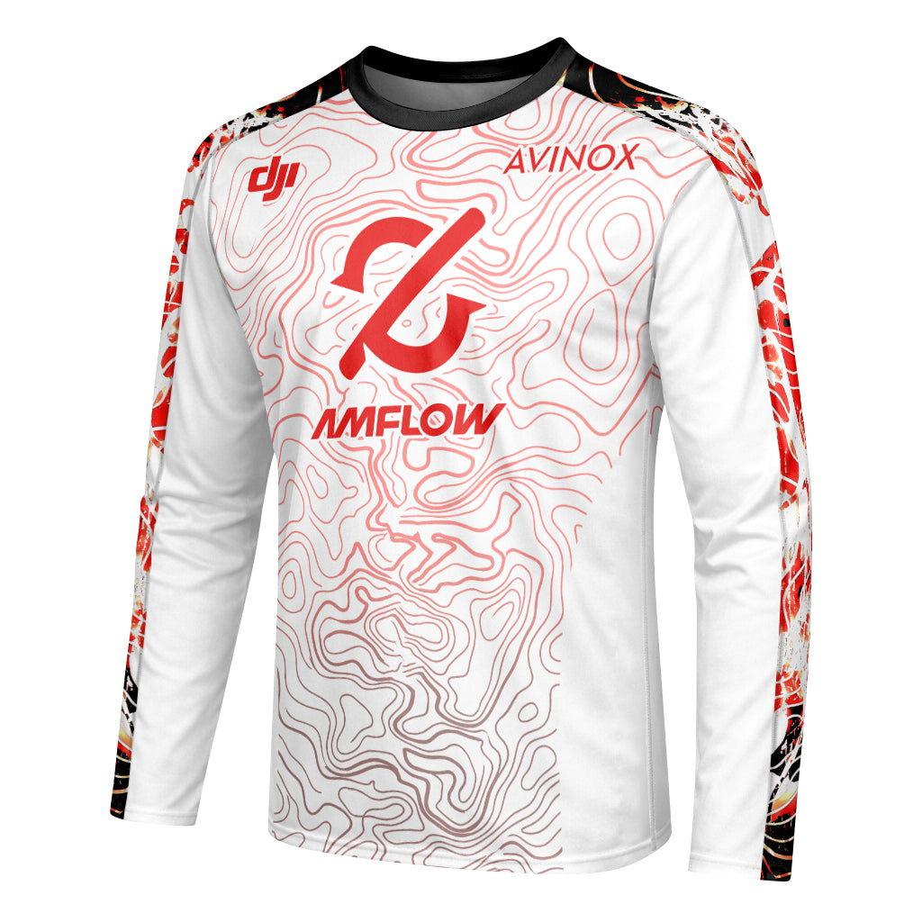 AMFLOW DJI Avinox White Red Topographic Youth Long Sleeve Mountain Bike Jersey – Left Side View Mockup