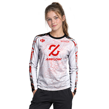 AMFLOW DJI Avinox White Red Topographic Youth Long Sleeve Mountain Bike Jersey – Girl Lifestyle View