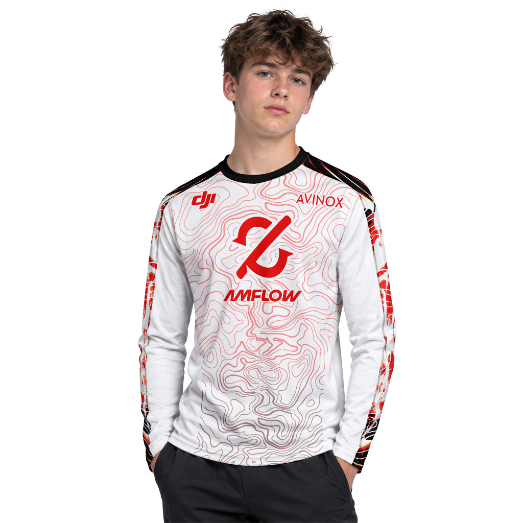 AMFLOW DJI Avinox White Red Topographic Youth Long Sleeve Mountain Bike Jersey – Boy Lifestyle View