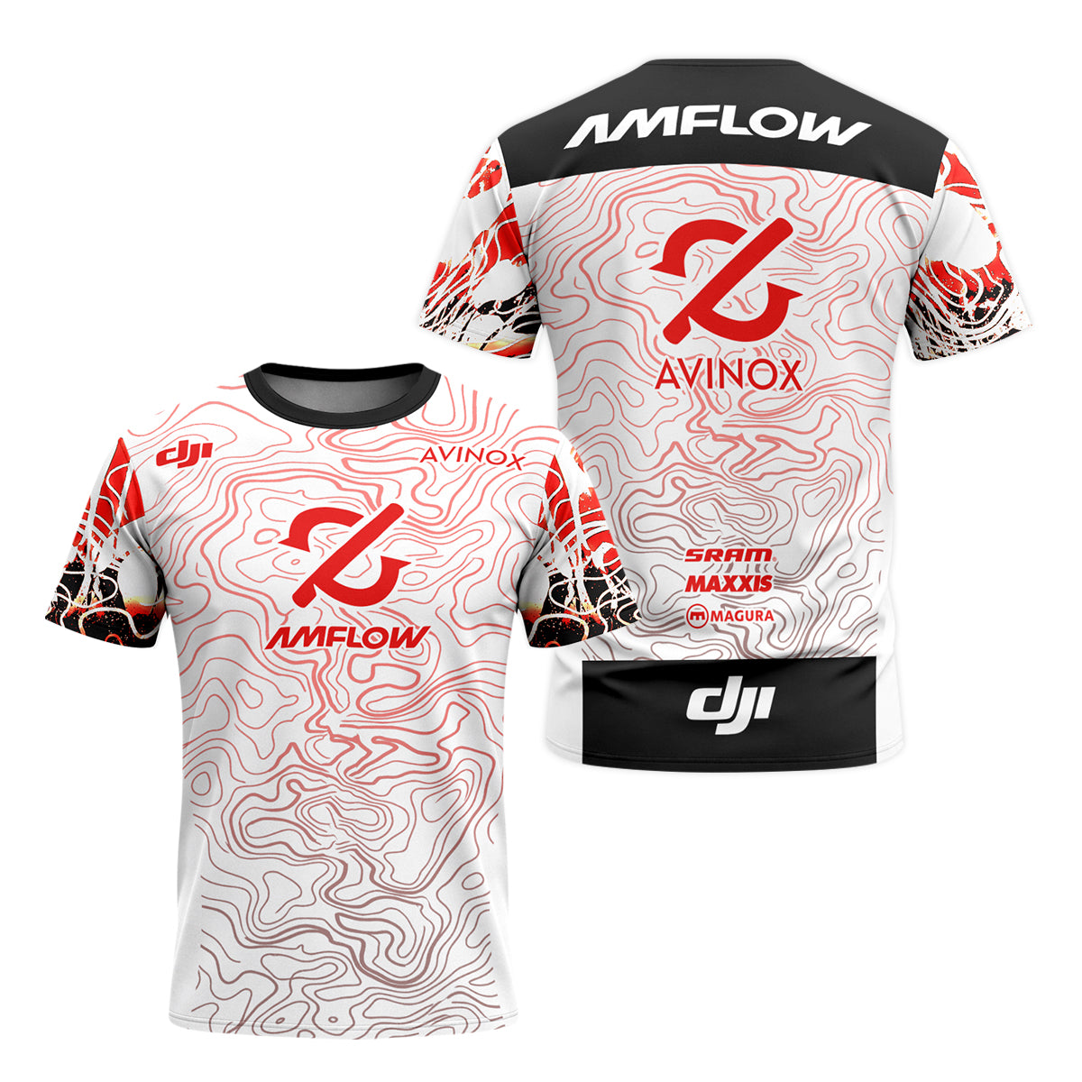 AMFLOW DJI Avinox White Red Topographic Youth Short Sleeve Mountain Bike Jersey – Front and Back View