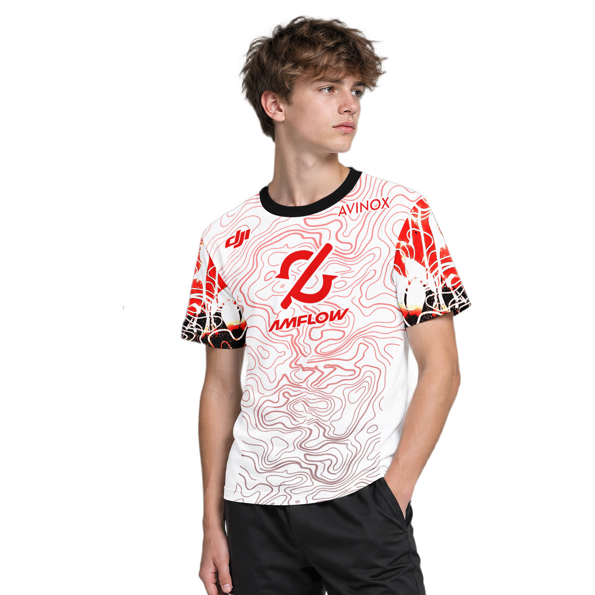 AMFLOW DJI Avinox White Red Topographic Youth Short Sleeve Mountain Bike Jersey – Boy Lifestyle View