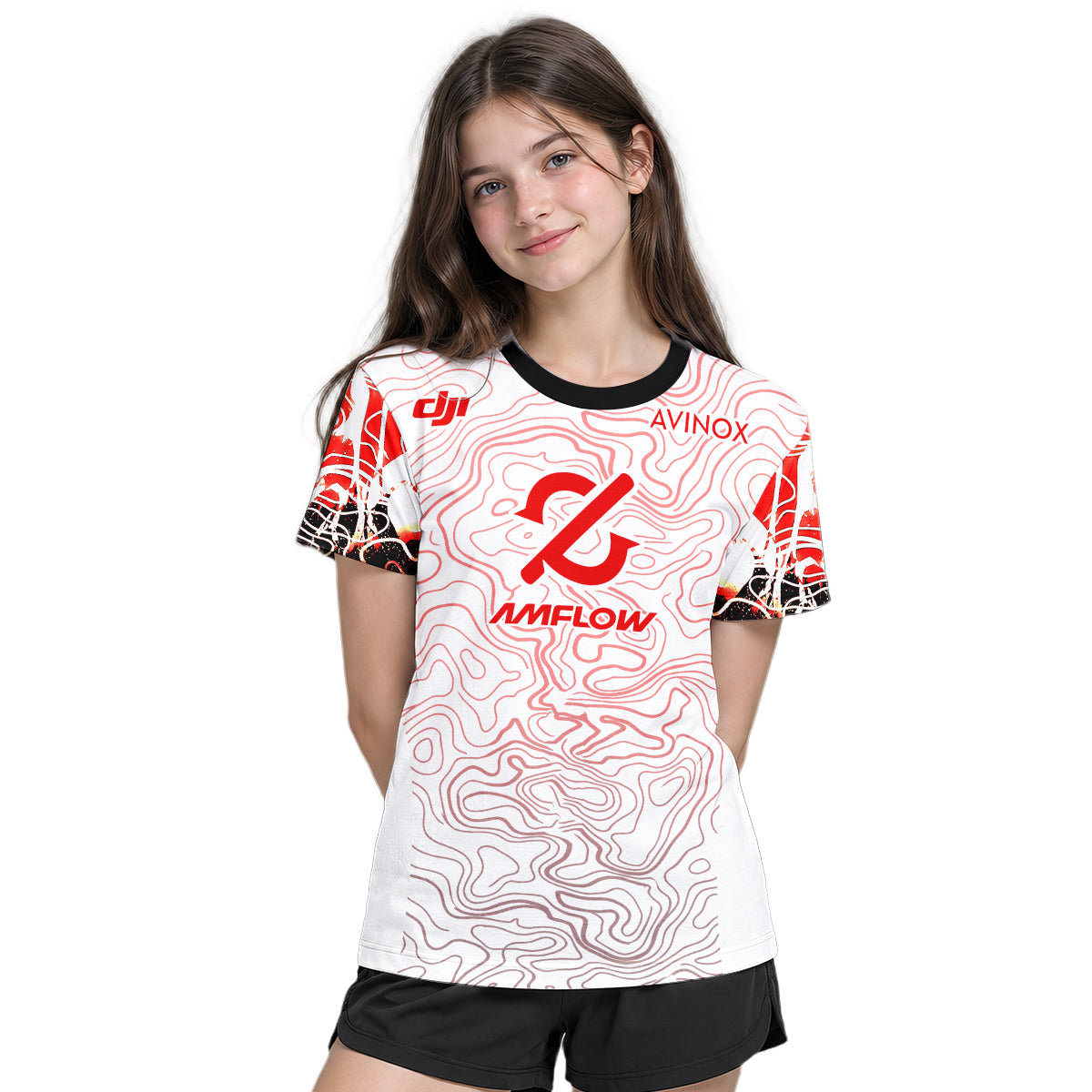 AMFLOW DJI Avinox White Red Topographic Youth Short Sleeve Mountain Bike Jersey – Girl Lifestyle View