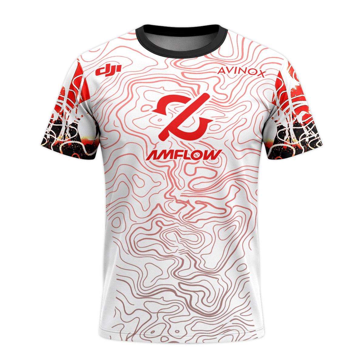 AMFLOW DJI Avinox White Red Topographic Youth Short Sleeve Mountain Bike Jersey – Front View Mockup