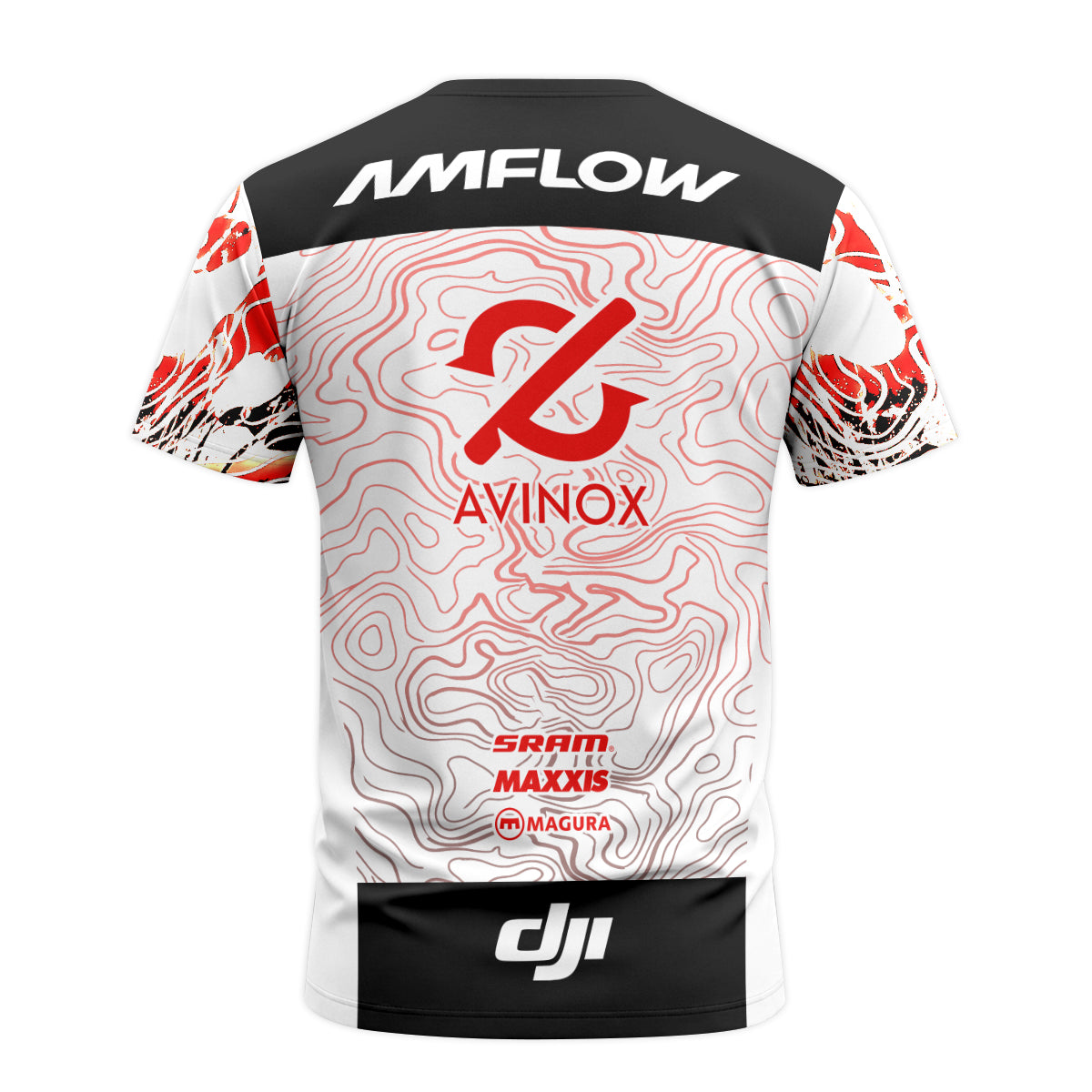 AMFLOW DJI Avinox White Red Topographic Youth Short Sleeve Mountain Bike Jersey – Back View Mockup