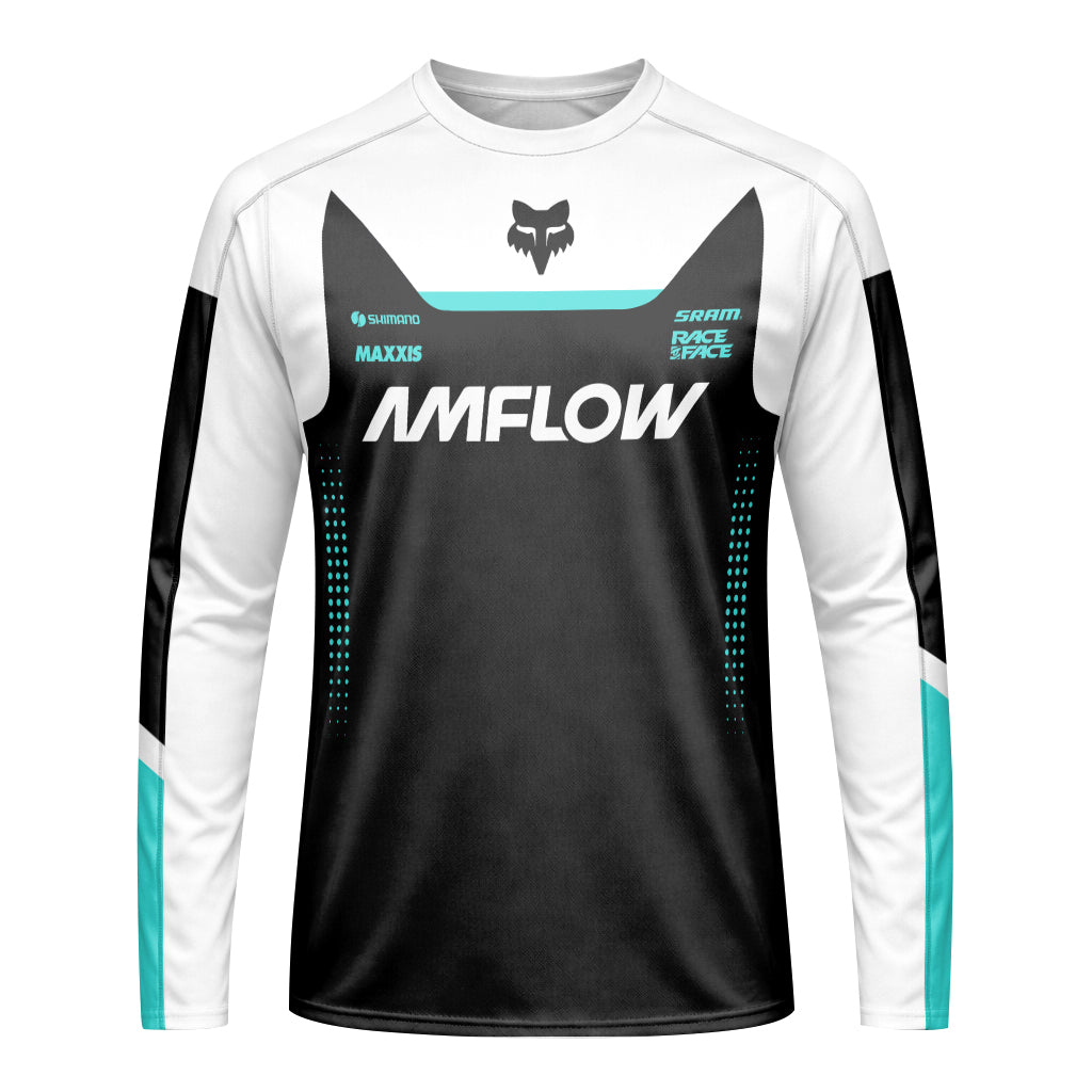 AMFlow Fox Black Aqua Long Sleeve Mountain Bike Jersey - front view mockup