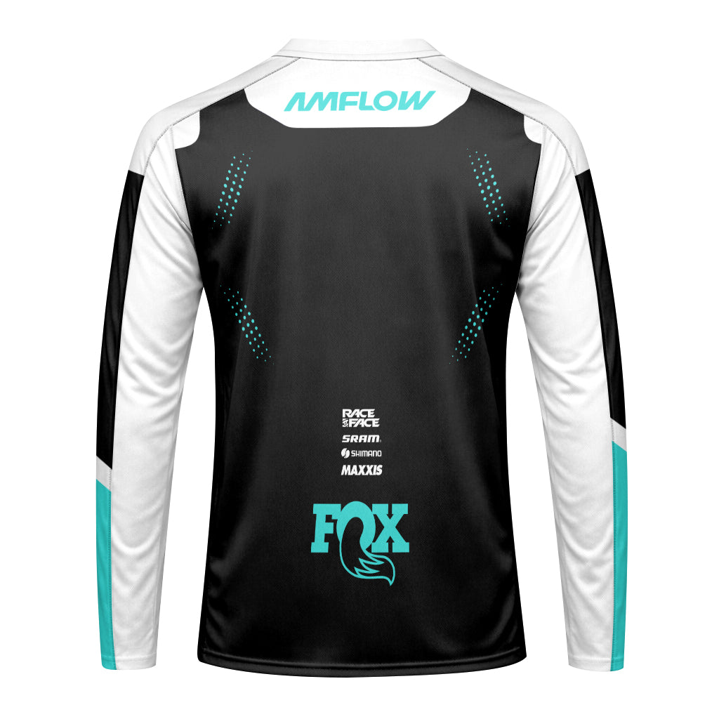AMFlow Fox Black Aqua Long Sleeve Mountain Bike Jersey - front view mockup