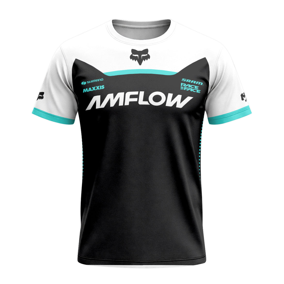 AMFlow Fox Black Aqua Short Sleeve Mountain Bike Jersey - front and back view