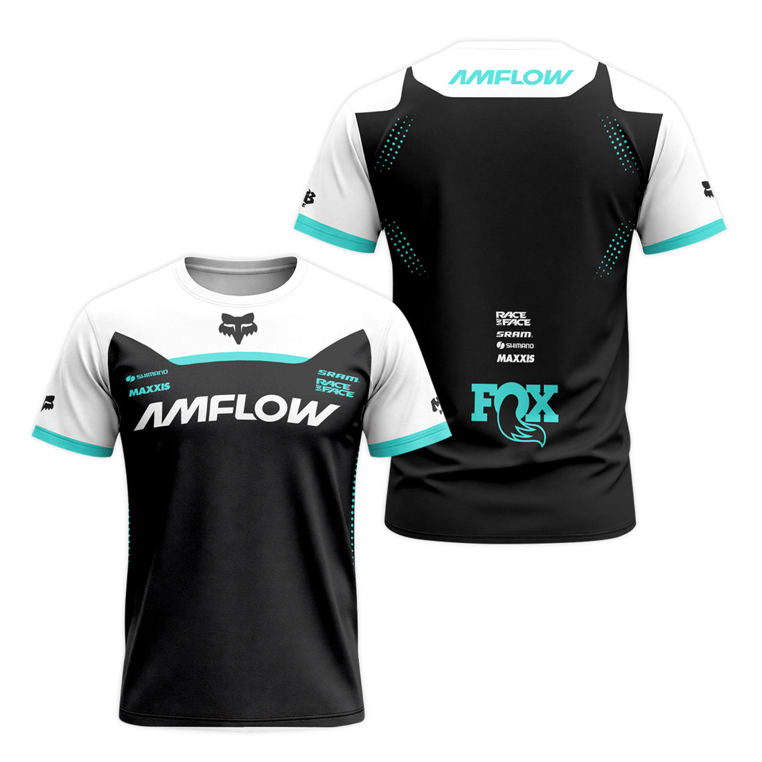 AMFlow Fox Black Aqua Short Sleeve Mountain Bike Jersey - front and back view