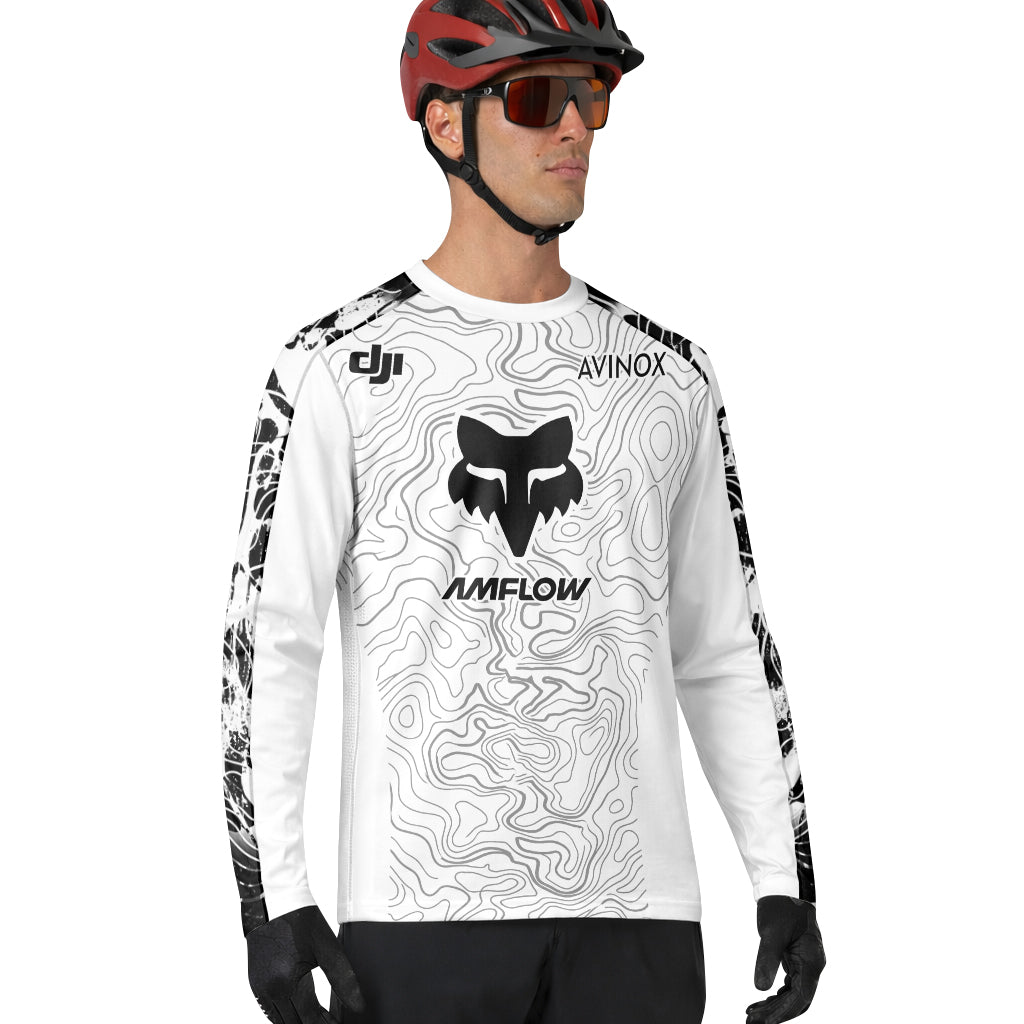 AMFLOW Fox Black White Topographic Long Sleeve Mountain Bike Jersey - lifestyle view