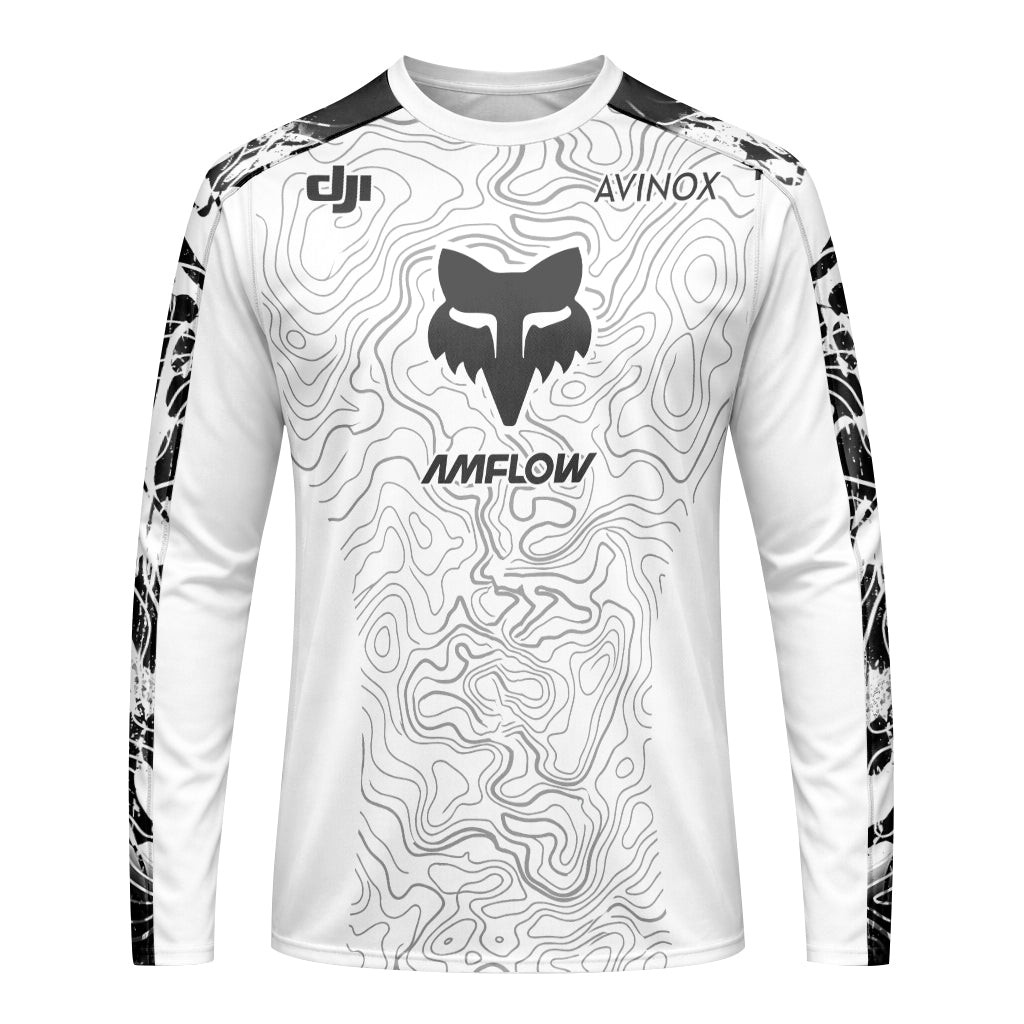 AMFLOW Fox Black White Topographic Long Sleeve Mountain Bike Jersey - front view mockup
