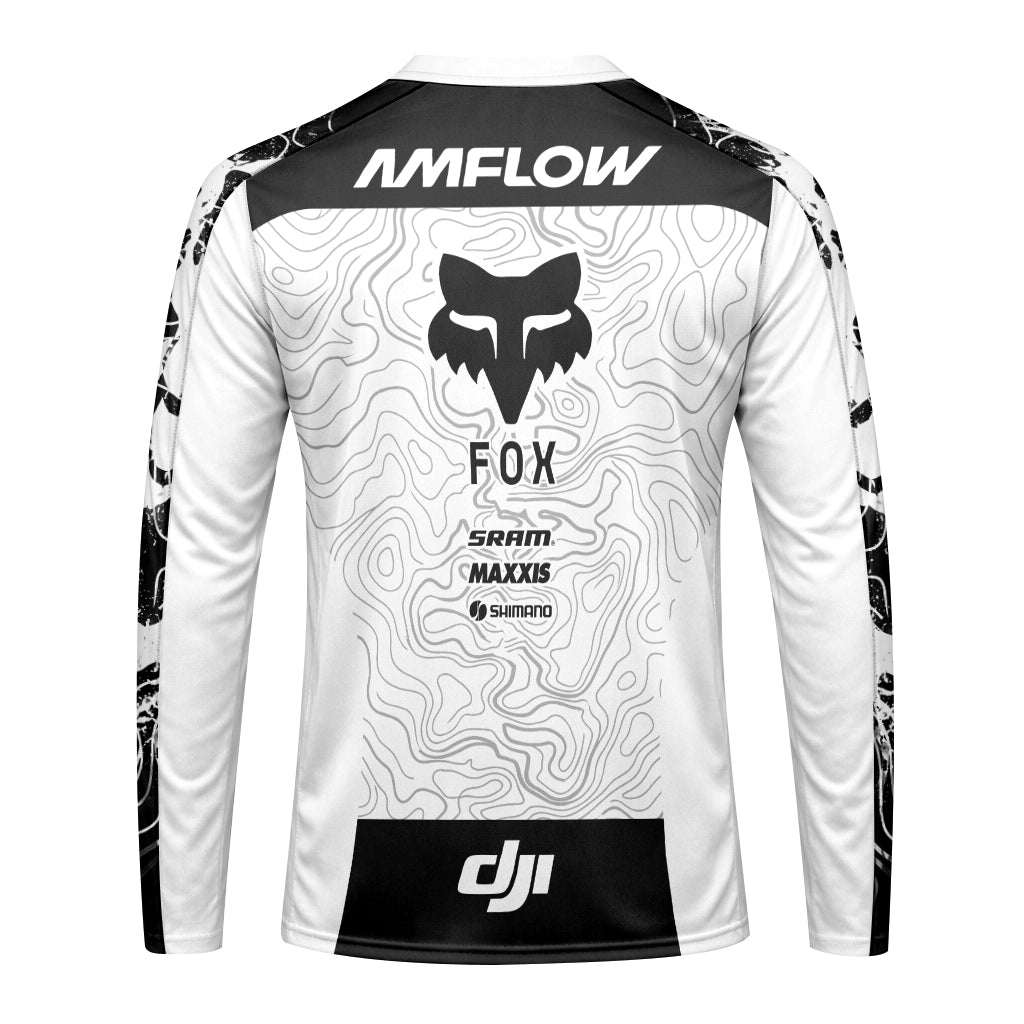 AMFLOW Fox Black White Topographic Long Sleeve Mountain Bike Jersey - front view mockup